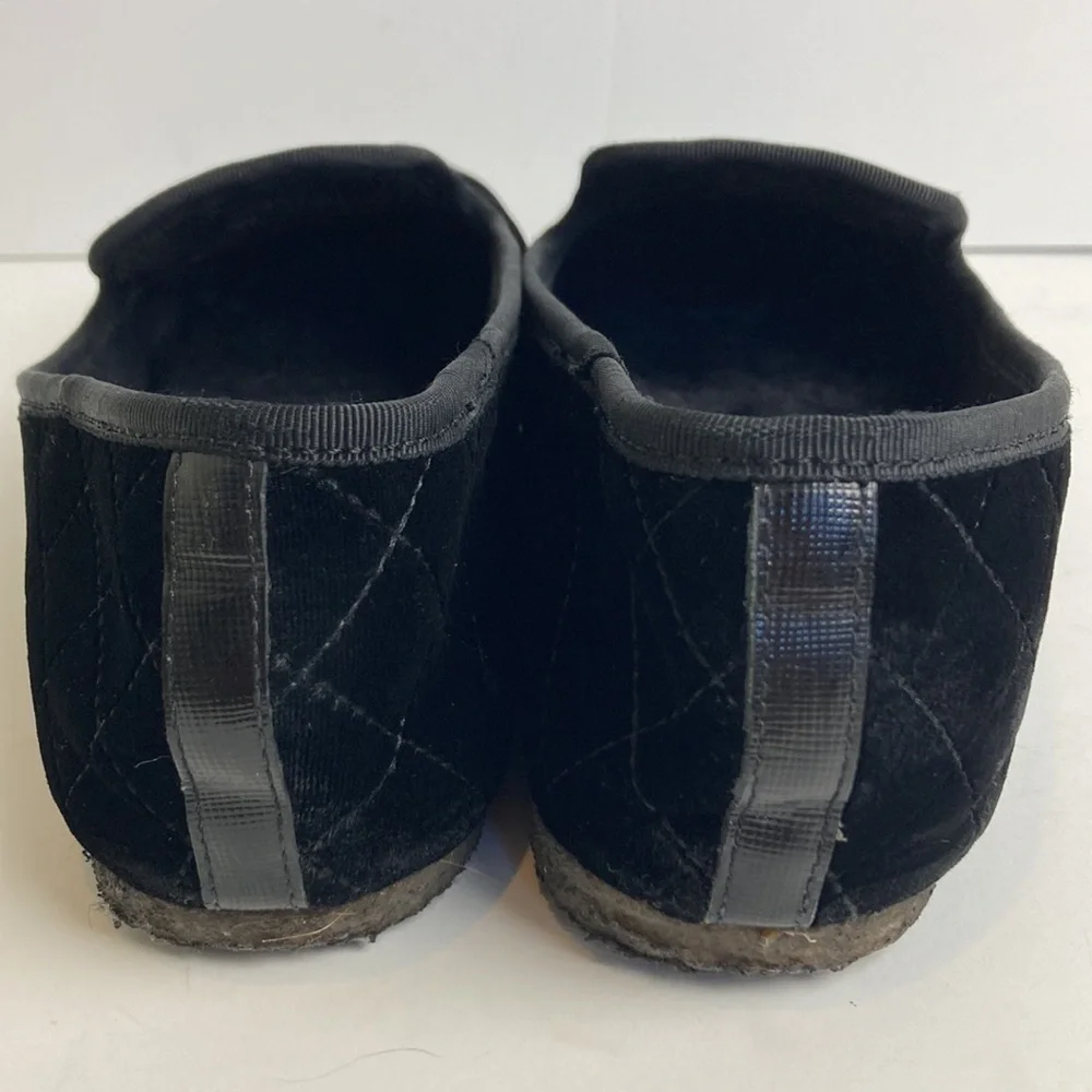 Tory Burch Billy Black Quilted Velvet Fur Loafers Crepe Sole Slippers Sz 9 Flats
